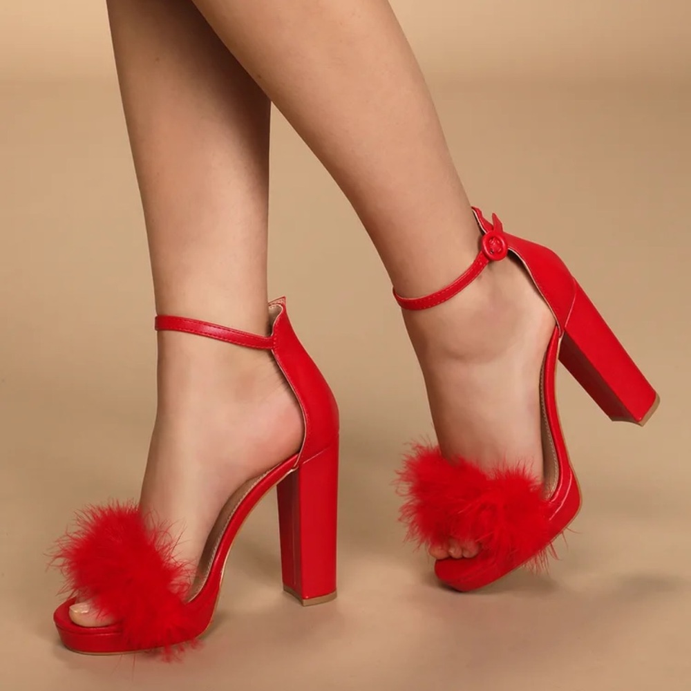 Red feather high heel platform sandals 8.5